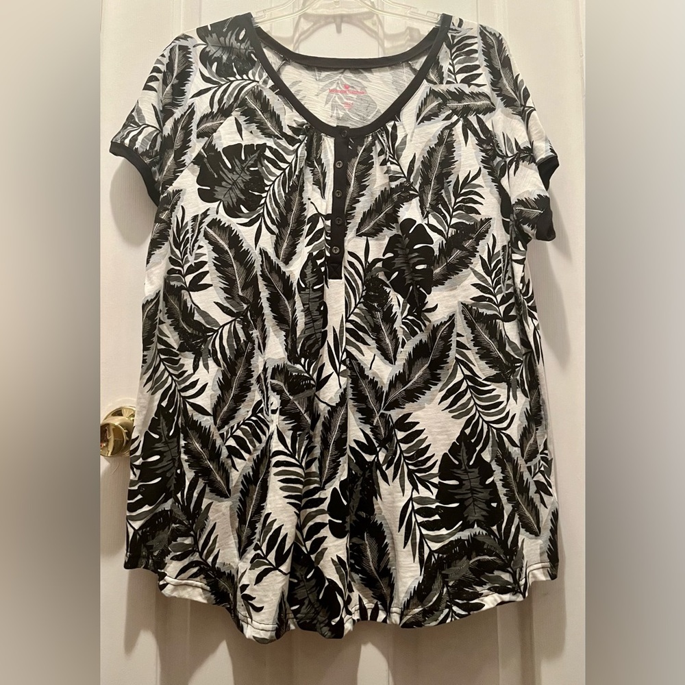 Woman Within 1X 22/24 Knit Henley Top Leaf Print 100% Cotton